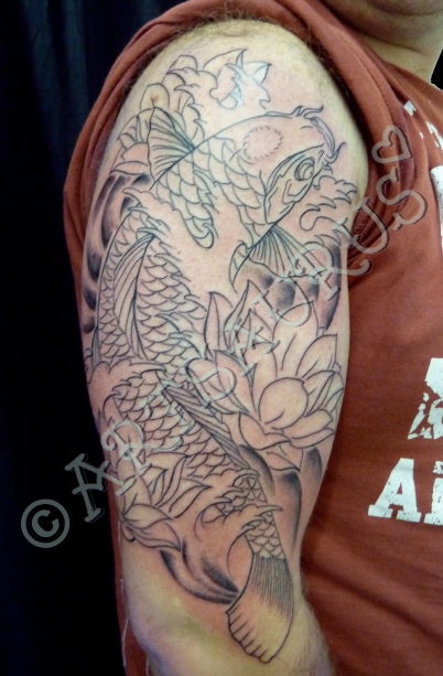 Leave a comment tags Black and grey Flowers half sleeve Japanese koi 